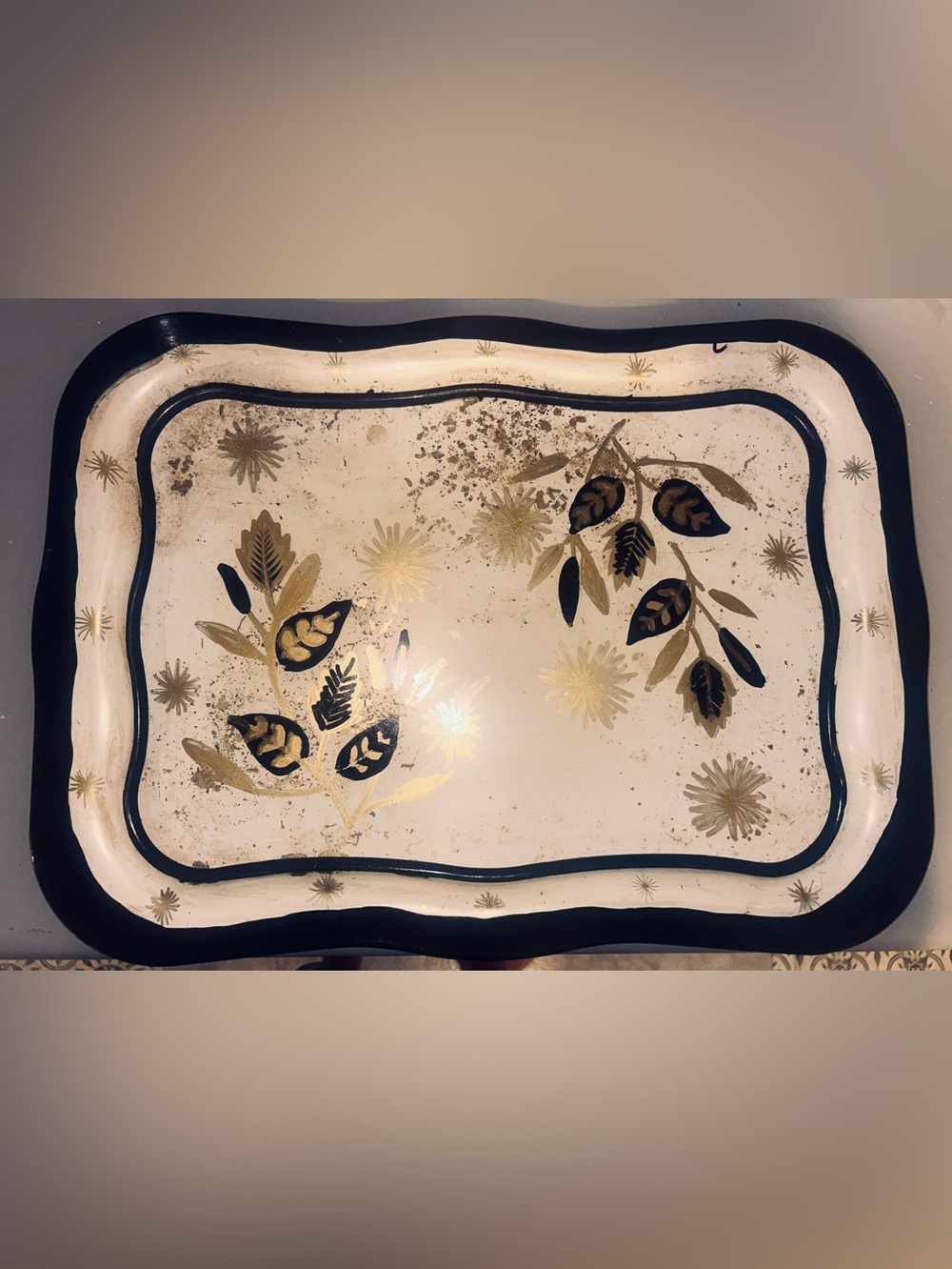 Vintage Decorative MCM Metal Starburst Serving Tray Black Gold Floral Pattern